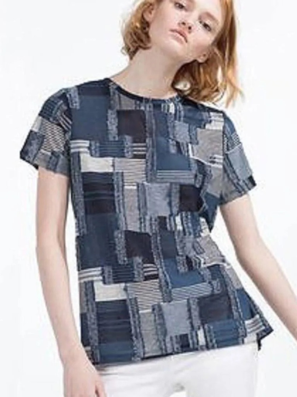 Zara Navy and Light Gray Patchwork-Print Short Sleeve Top